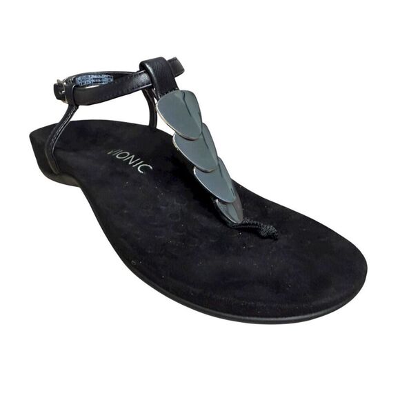 Vionic Women’s 7 Miami T-Strap Sandals Black Silver Comfort - Picture 2 of 8